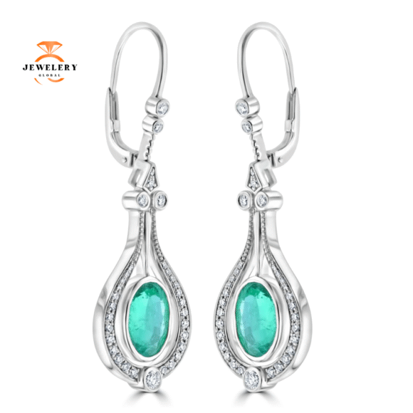 JULEVE 18KT WHITE GOLD 5.23 CTW EMERALD & 0.61 CTW DIAMOND HALO DROP EARRINGS - Image 2