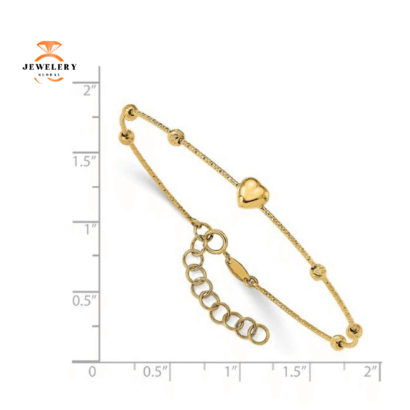 14KT Yellow Gold Diamond Cut Beads With Heart Flexible Bracelet - Image 2