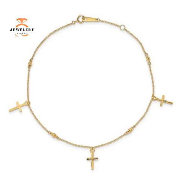 14KT Yellow Gold Polished & Textured Cross Anklet - Image 3