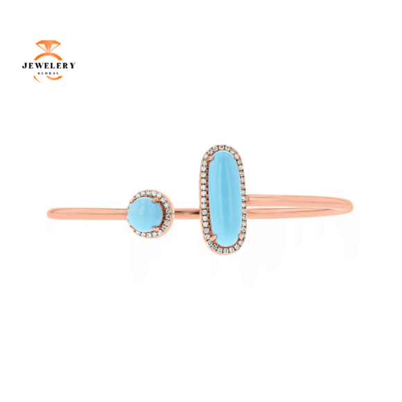 18KT ROSE GOLD 4.31 CTW TURQUOISE & 0.30 CTW DIAMOND CUFF BRACELET
