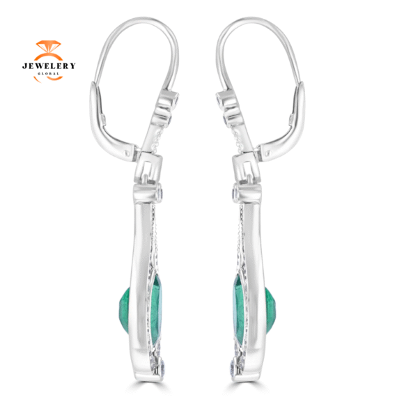 JULEVE 18KT WHITE GOLD 5.23 CTW EMERALD & 0.61 CTW DIAMOND HALO DROP EARRINGS - Image 3