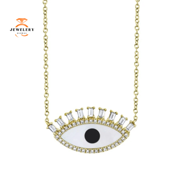 14KT Yellow Gold .94 CT Onyx & Mother of Pearl & .29 CTW Diamond Eye Necklace