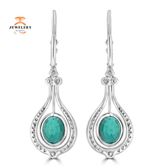 JULEVE 18KT WHITE GOLD 5.23 CTW EMERALD & 0.61 CTW DIAMOND HALO DROP EARRINGS - Image 4