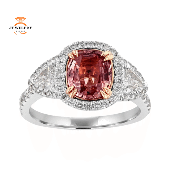 JULEVE 2.05 CT SAPPHIRE & .85 CTW DIAMOND 3 STONE HALO RING