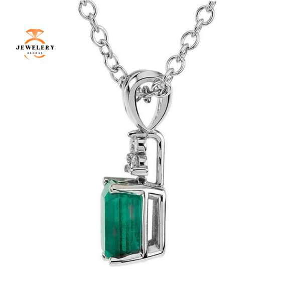 14KT WHITE GOLD EMERALD & DIAMOND 18" NECKLACE - Image 2