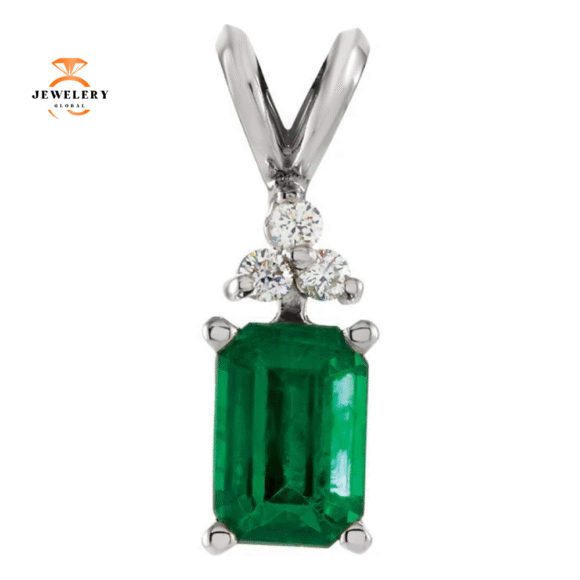 14KT WHITE GOLD EMERALD & DIAMOND 18" NECKLACE - Image 3
