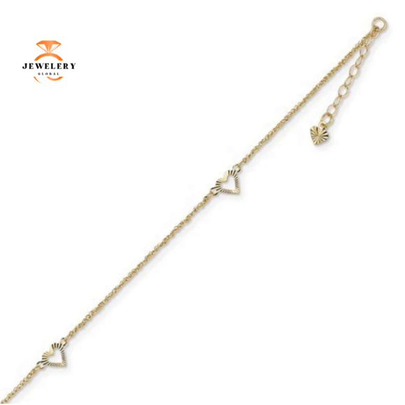 14KT Yellow Gold Diamond Cut Heart Anklet