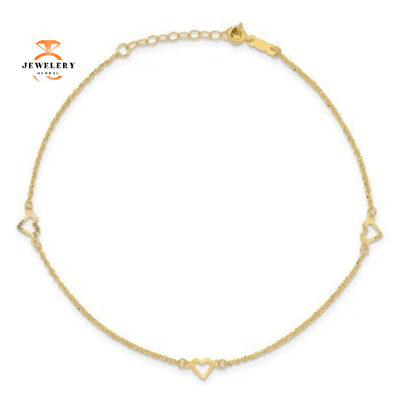 14KT Yellow Gold Diamond Cut Heart Anklet - Image 2