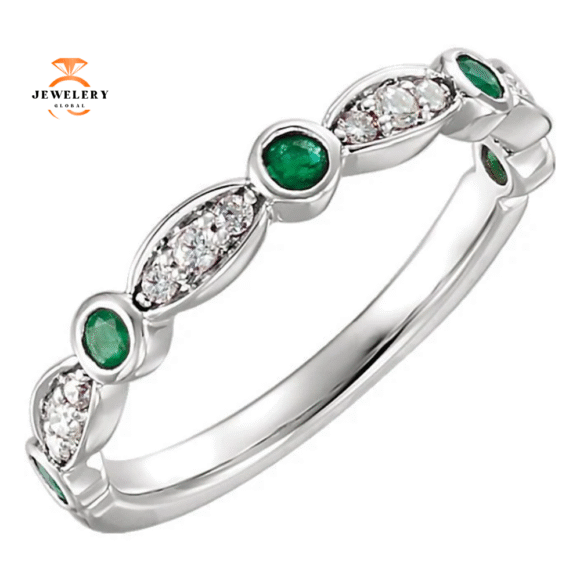 14KT WHITE GOLD EMERALD AND 1/6 CTW DIAMOND STACKABLE RING