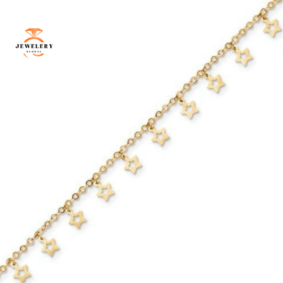 14KT Yellow Gold Polished And Textured Star Anklet