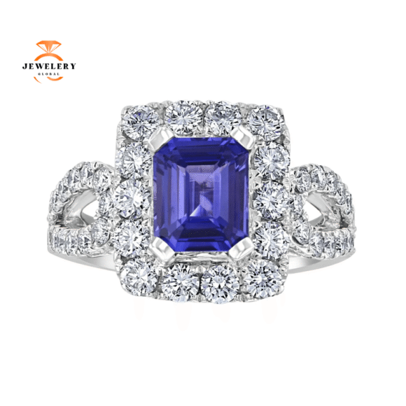 JULEVE 2.11 CT SAPPHIRE & 1.80 CTW DIAMOND EMERALD HALO RING