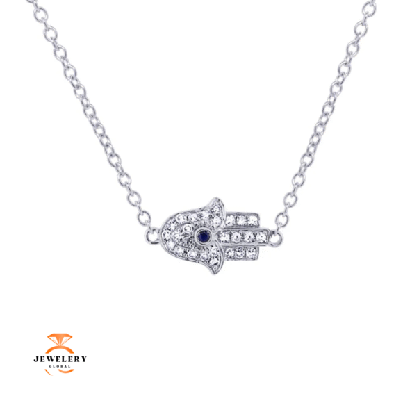 14KT WHITE GOLD SAPPHIRE AND DIAMOND PAVE HAMSA NECKLACE
