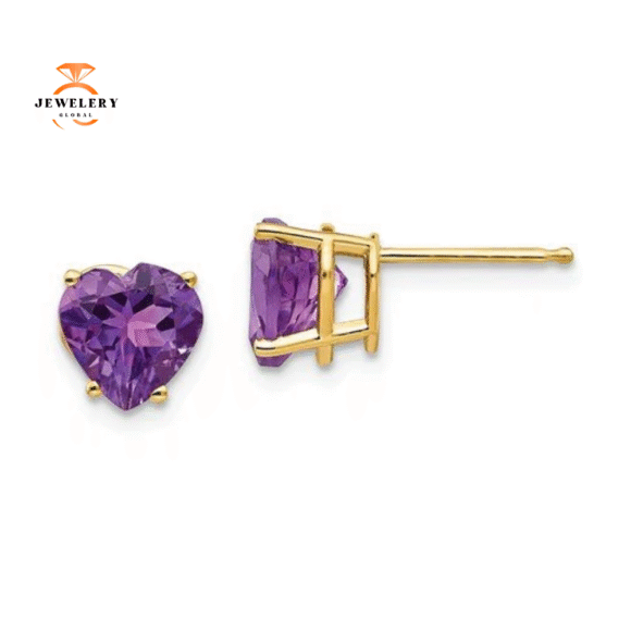 14KT YELLOW GOLD HEART AMETHYST STUD EARRINGS