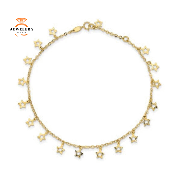 14KT Yellow Gold Polished And Textured Star Anklet - Image 2