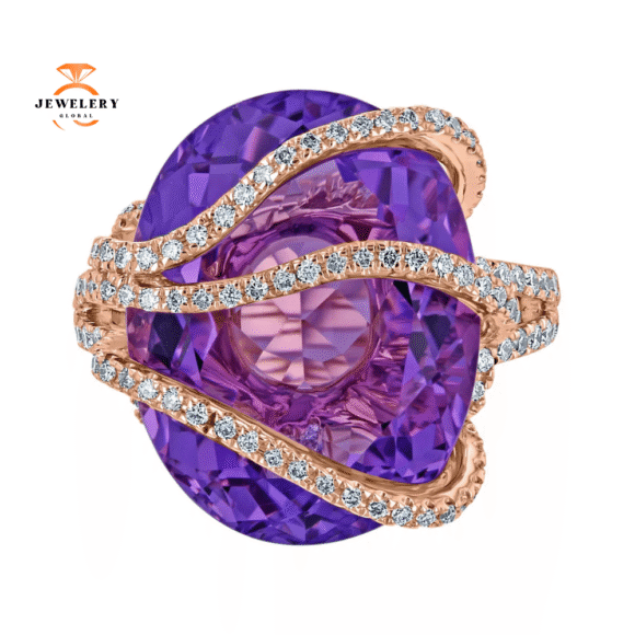 JULEVE 13.39 CT AMETHYST & .99 CTW DIAMOND WAVY FREEFORM RING
