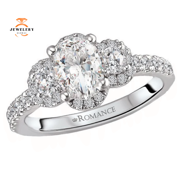 14KT WHITE GOLD 1/2 CTW DIAMOND OVAL HALO 3 STONE SETTING FOR 1 CT OVAL