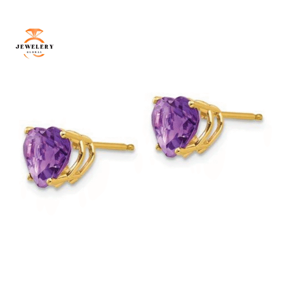 14KT YELLOW GOLD HEART AMETHYST STUD EARRINGS - Image 2