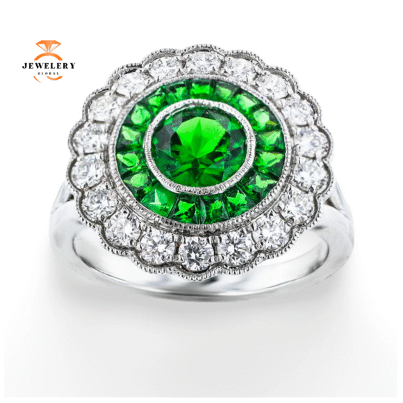 18KT WHITE GOLD 2.20CT TSAVORITE & 0.72CTW DIAMOND SCALLOPED RING