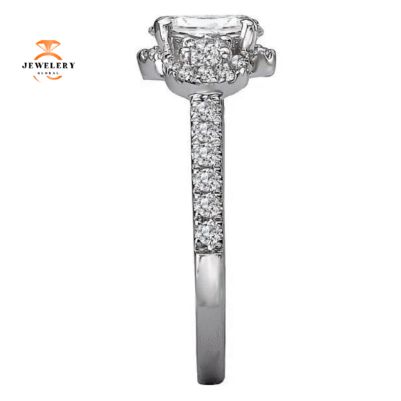 14KT WHITE GOLD 1/2 CTW DIAMOND OVAL HALO 3 STONE SETTING FOR 1 CT OVAL - Image 2
