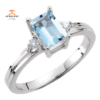 14KT WHITE GOLD EMERALD CUT AQUAMARINE AND DIAMOND 3 STONE RING