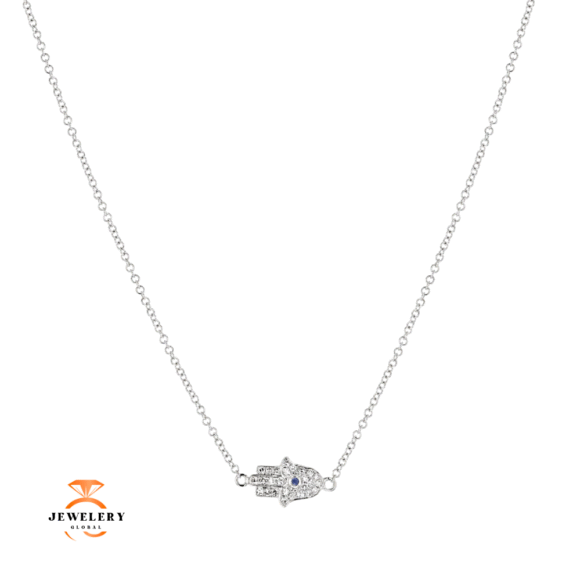 14KT WHITE GOLD SAPPHIRE AND DIAMOND PAVE HAMSA NECKLACE - Image 2