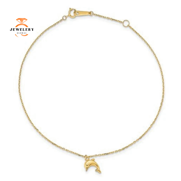 14KT YELLOW GOLD DOLPHIN CHARM ANKLET - Image 2