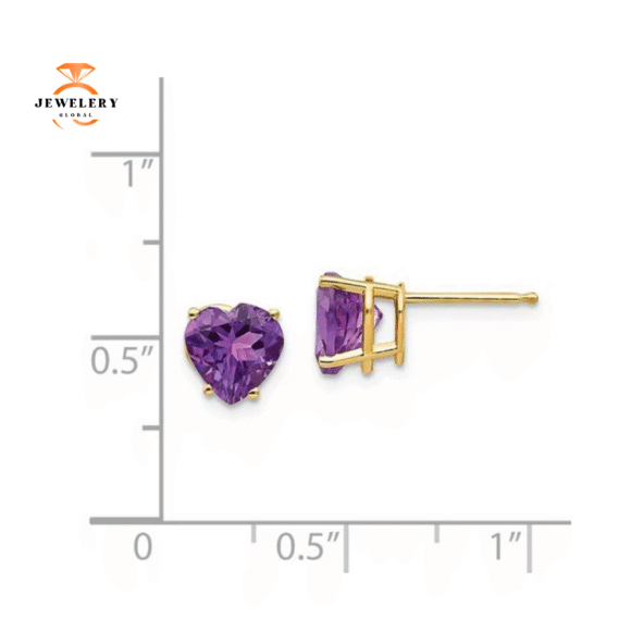 14KT YELLOW GOLD HEART AMETHYST STUD EARRINGS - Image 3