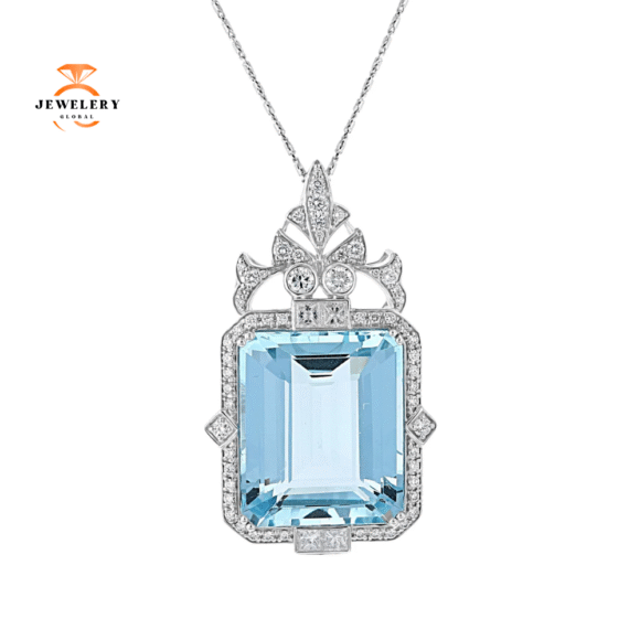 JULEVE 51.33 CT AQUAMARINE & 2.42 CTW DIAMOND HALO SLIDE PENDANT NECKLACE
