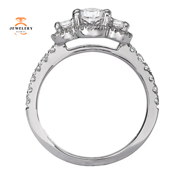 14KT WHITE GOLD 1/2 CTW DIAMOND OVAL HALO 3 STONE SETTING FOR 1 CT OVAL - Image 3