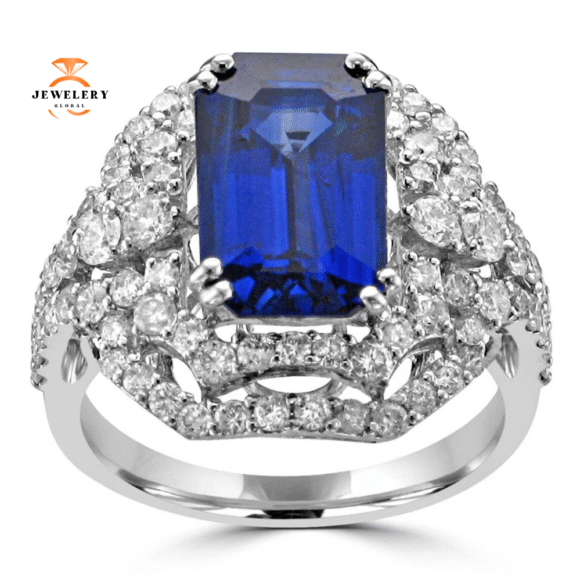 18KT WHITE GOLD 4.66 CT EMERALD CUT SAPPHIRE & 1.36 CTW DIAMOND RING