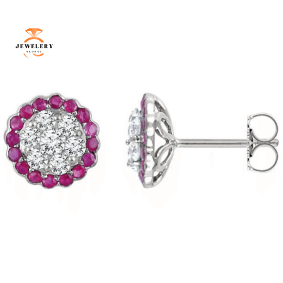14KT WHITE GOLD 1/2 CTW RUBY & 5/8 CTW DIAMOND HALO CLUSTER EARRINGS