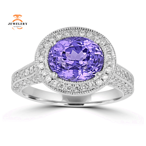 JULEVE 18KT WHITE GOLD 3.42 CT SAPPHIRE & .92 CTW DIAMOND HALO RING