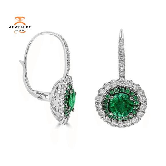 Juleve 2.34 CTW Emerald & 1.16 CTW Diamond Halo Drop Earrings