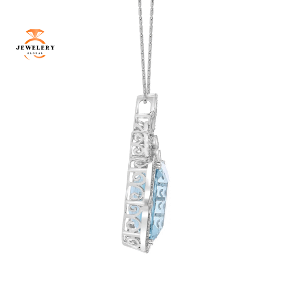 JULEVE 51.33 CT AQUAMARINE & 2.42 CTW DIAMOND HALO SLIDE PENDANT NECKLACE - Image 2