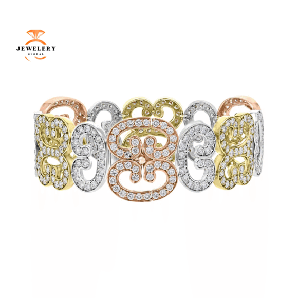 18KT Tri-Color 11.98 CTW Diamond Scroll Bracelet - Image 2