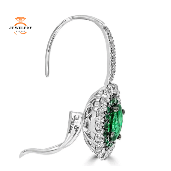 Juleve 2.34 CTW Emerald & 1.16 CTW Diamond Halo Drop Earrings - Image 2