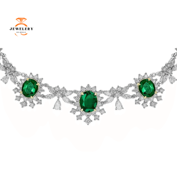 JULEVE 18KT WHITE GOLD 52.59 CTW EMERALD & 33.83 CTW DIAMOND NECKLACE