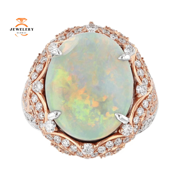 JULEVE 6.67 CT OPAL & 1.59 CTW DIAMOND SCALLOPED HALO RING