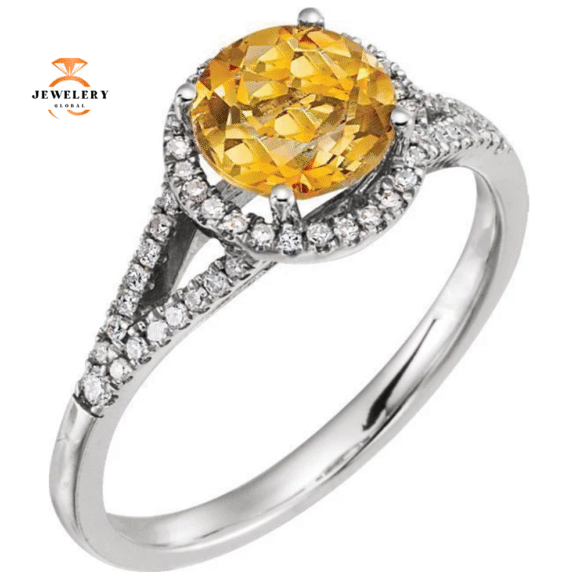 14KT WHITE GOLD 1.20 CT CITRINE & 1/6 CTW DIAMOND HALO RING