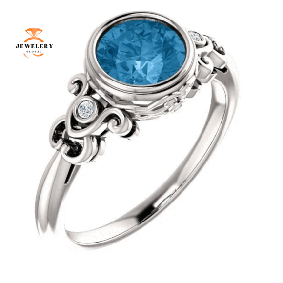 14KT WHITE GOLD 1.30 CT BLUE TOPAZ & 1/10 CTW DIAMOND BEZEL-SET RING
