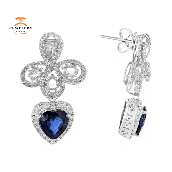 JULEVE 4.83 CTW SAPPHIRE & 1.99 CTW DIAMOND HALO DROP EARRINGS