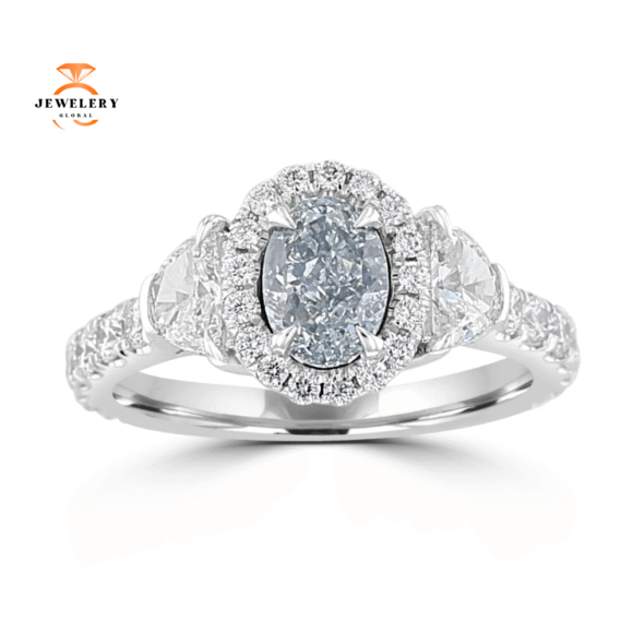 JULEVE PLATINUM 2.12 CTW FANCY BLUE-GREEN DIAMOND 3 STONE HALO RING
