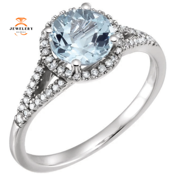 14KT WHITE GOLD 1.60 CT AQUAMARINE & 1/6 CTW DIAMOND HALO RING