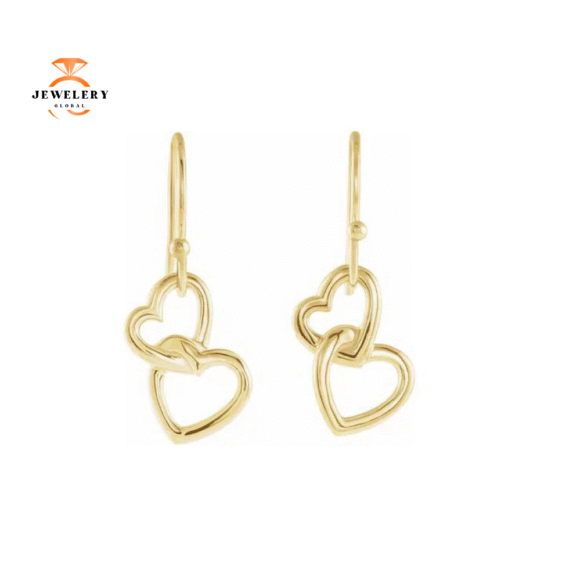 14KT YELLOW GOLD DOUBLE HEART DROP EARRINGS