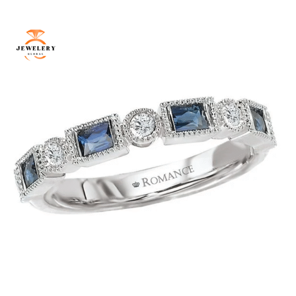 14KT WHITE GOLD 1/2 CTW SAPPHIRE & 1/10 CTW DIAMOND MILGRAIN BAND