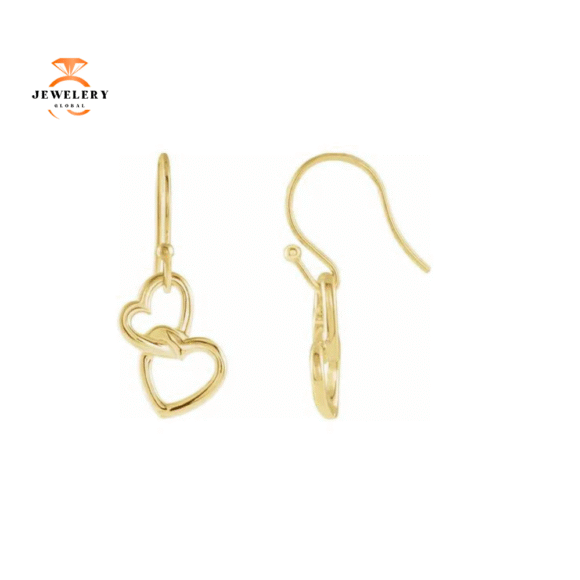 14KT YELLOW GOLD DOUBLE HEART DROP EARRINGS - Image 2