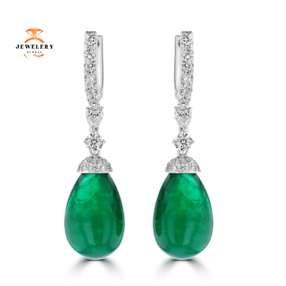 18K WHITE GOLD 34.35CT EMERALD & 2.02CT DIAMOND DANGLE LEVERBACK EARRINGS