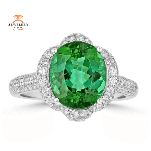 JULEVE 18KT WHITE GOLD 3.56 CT TOURMALINE & 0.85 CTW DIAMOND HALO RING