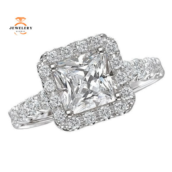 14KT WHITE GOLD 1/2 CTW DIAMOND SQUARE HALO SETTING FOR 3/4 CT PRINCESS
