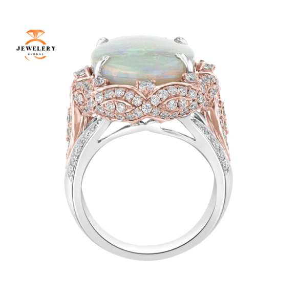 JULEVE 6.67 CT OPAL & 1.59 CTW DIAMOND SCALLOPED HALO RING - Image 3